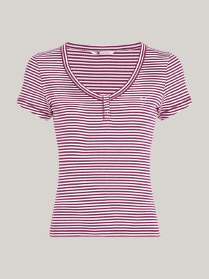 purple ribbed stripe slim fit henley t-shirt for women tommy jeans