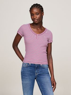 purple ribbed stripe slim fit henley t-shirt for women tommy jeans