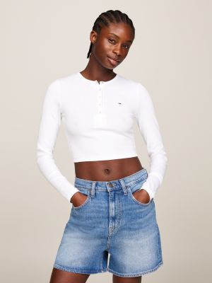 T shirt crop a coste con maniche lunghe Bianco Tommy Hilfiger