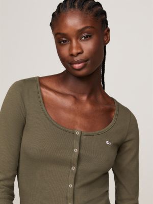 green snap-button long sleeve slim fit t-shirt for women tommy jeans