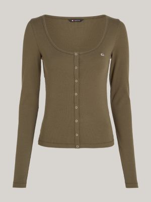 green snap-button long sleeve slim fit t-shirt for women tommy jeans