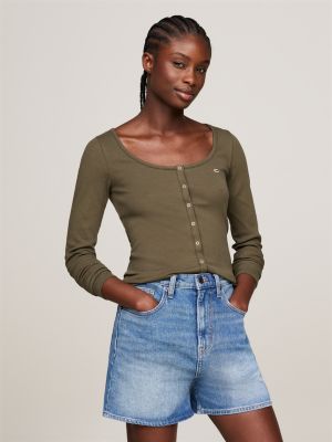 green snap-button long sleeve slim fit t-shirt for women tommy jeans