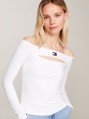 white badge off-the-shoulder cutout top for women tommy jeans