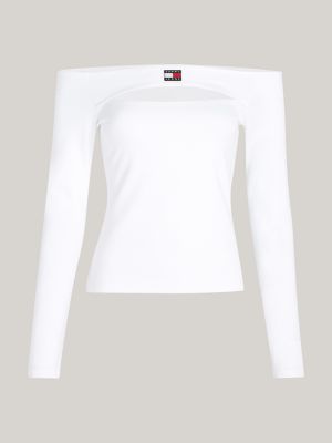 white badge off-the-shoulder cutout top for women tommy jeans