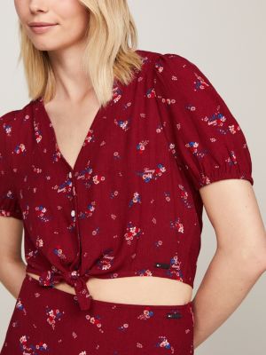 blusa crop con maniche a palloncino rosso da donne tommy jeans