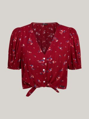 blusa crop con maniche a palloncino rosso da donne tommy jeans