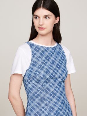 mini abito in chambray a quadri tartan blu da donne tommy jeans