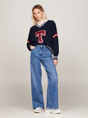 blue v-neck oversized letterman jumper for women tommy jeans