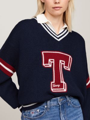 blue v-neck oversized letterman jumper for women tommy jeans