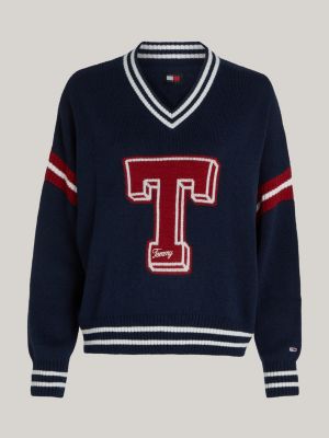 blue v-neck oversized letterman jumper for women tommy jeans