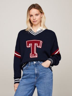 blue v-neck oversized letterman jumper for women tommy jeans