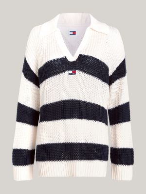 white relaxed badge rugby stripe jumper for women tommy jeans