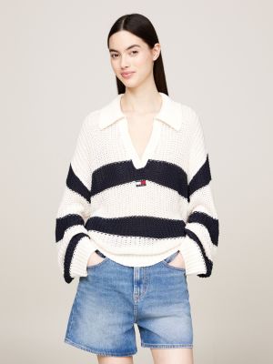 white relaxed badge rugby stripe jumper for women tommy jeans