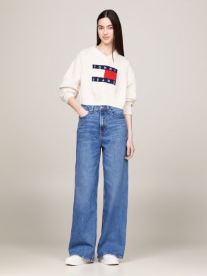 pullover crop con distintivo e scollatura a v bianco da donne tommy jeans