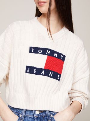 pullover crop con distintivo e scollatura a v bianco da donne tommy jeans