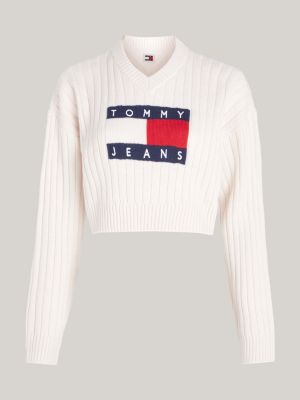 pullover crop con distintivo e scollatura a v bianco da donne tommy jeans