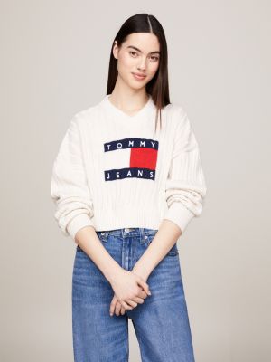 pullover crop con distintivo e scollatura a v white da donne tommy jeans