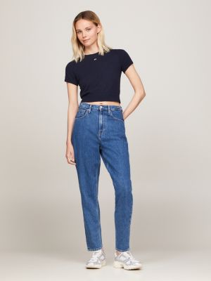 pullover crop a maniche corte blu da donne tommy jeans