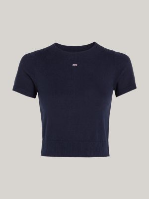 pullover crop a maniche corte blu da donne tommy jeans