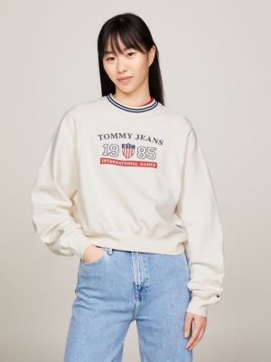 white tommy jeans international games cropped fit sweatshirt für damen - tommy hilfiger
