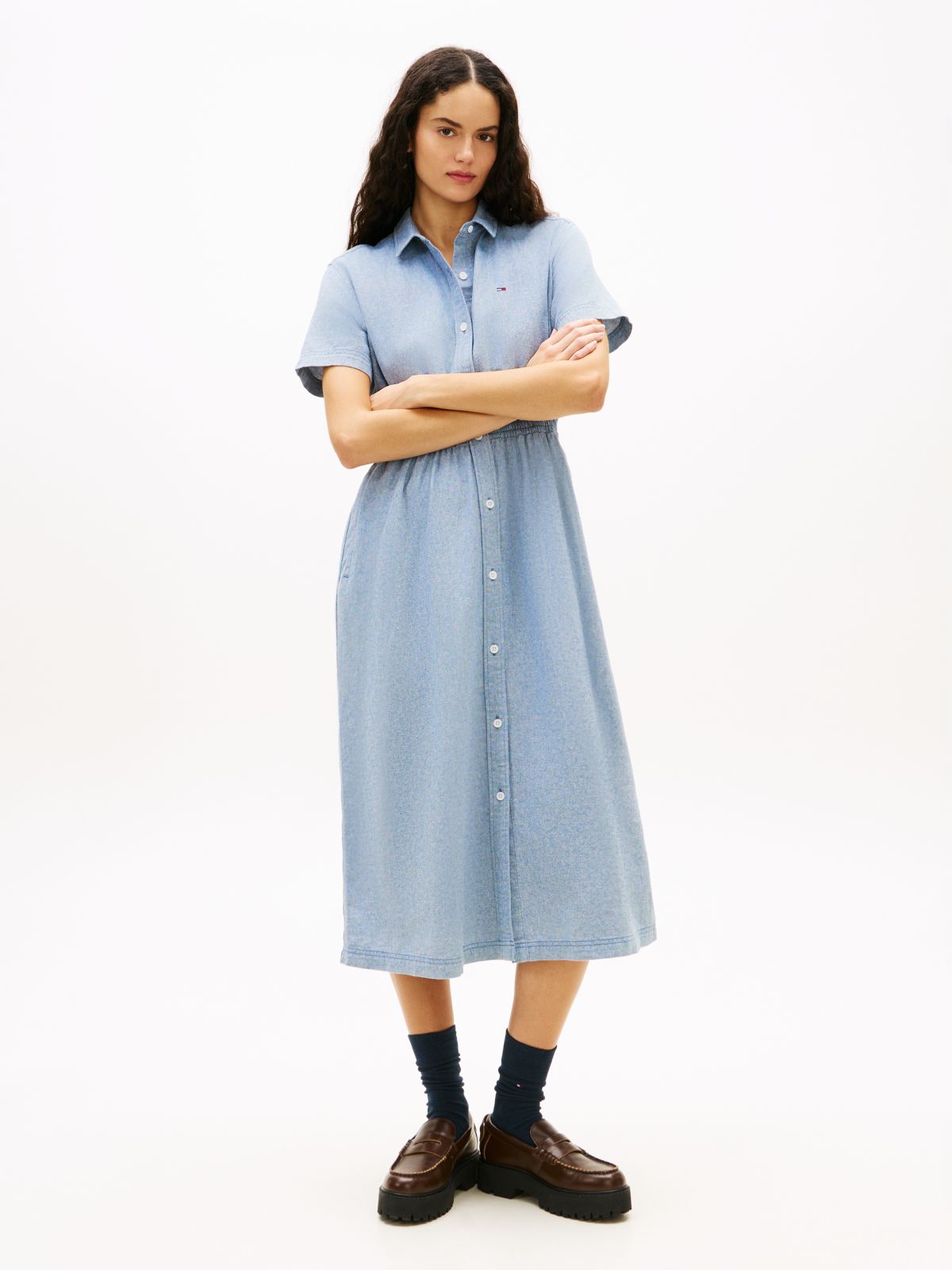 Relaxed Linen Blend Maxi Shirt Dress — Blue