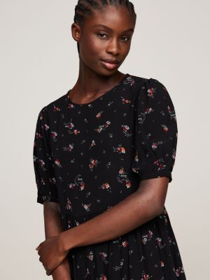 black tiered floral print knee length dress for women tommy jeans