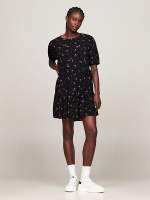 black tiered floral print knee length dress for women tommy jeans