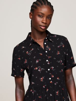 zwart midi-jurk met korte mouw en bergbloemenprint voor dames - tommy jeans