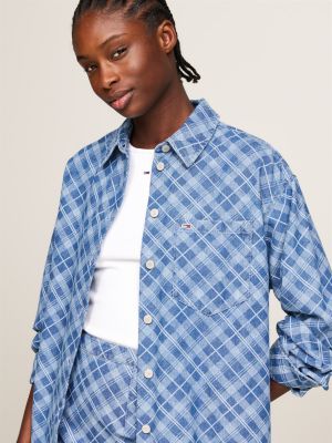 blue tartan check chambray relaxed fit shirt for women tommy jeans