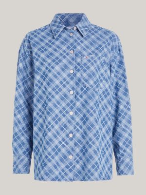 blue tartan check chambray relaxed fit shirt for women tommy jeans