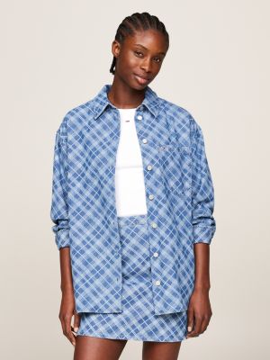 blue tartan check chambray relaxed fit shirt for women tommy jeans