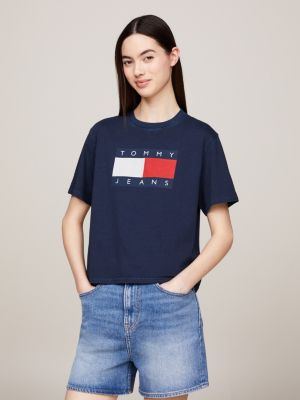 t-shirt boxy à badge drapeau bleu pour femmes tommy jeans