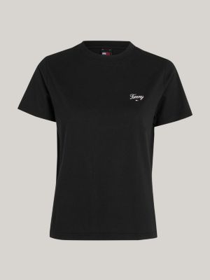 zwart t-shirt met geborduurd scriptlogo voor dames - tommy jeans