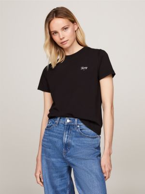 black t-shirt met geborduurd scriptlogo voor dames - tommy jeans