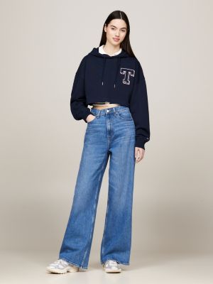 felpa crop in stile college con cappuccio blu da donne tommy jeans