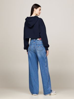 felpa crop in stile college con cappuccio blu da donne tommy jeans