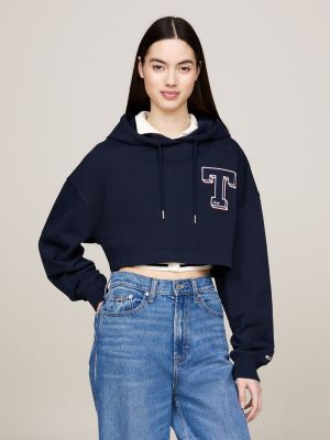 felpa crop in stile college con cappuccio blue da donne tommy jeans