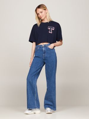 t-shirt crop con grafica stile college blu da donne tommy jeans