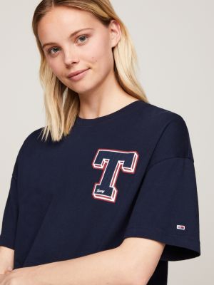 t-shirt crop con grafica stile college blu da donne tommy jeans