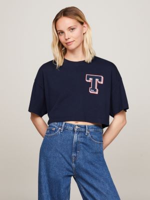 t-shirt crop con grafica stile college blue da donne tommy jeans