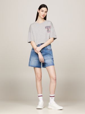 t-shirt crop con grafica stile college grigio da donne tommy jeans