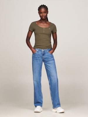 camiseta de cuello henley amplio verde de mujeres tommy jeans