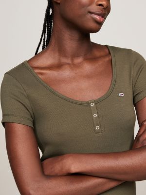 green henley scoop neck slim fit t-shirt for women tommy jeans