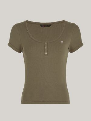 camiseta de cuello henley amplio verde de mujeres tommy jeans