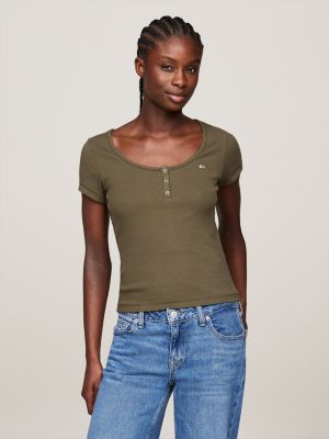 Henley Scoop Neck Slim Fit T Shirt Green Tommy Hilfiger