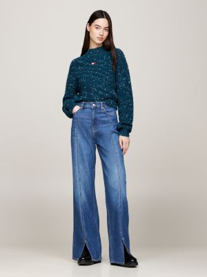 green mock turtleneck boxy cropped jumper with wool for women tommy jeans