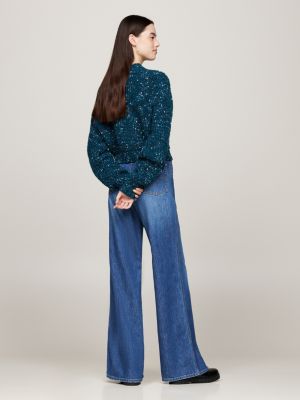 green mock turtleneck boxy cropped jumper with wool for women tommy jeans