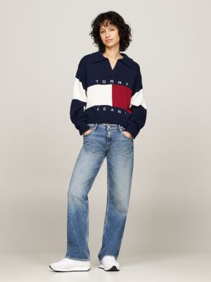 blau boxy fit pullover mit wolle und rugby-kragen für damen - tommy jeans