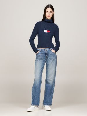 blue roll neck slim jumper with wool for women tommy jeans