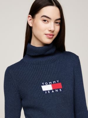 blue roll neck slim jumper with wool for women tommy jeans